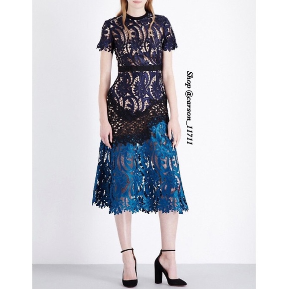 NWT Self Portrait Prairie Midi Dress Navy/Teal - Picture 4 of 17